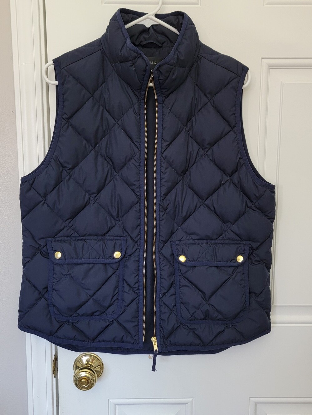 J.CREW Goose Down Full Zip Quilted Vest Women's Large Navy Blue Gold Hardware